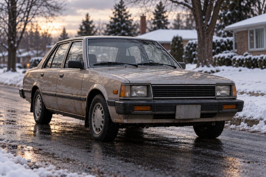 Classic silver Hyundai Stellar sedan parked on a snowy suburban street during winter
