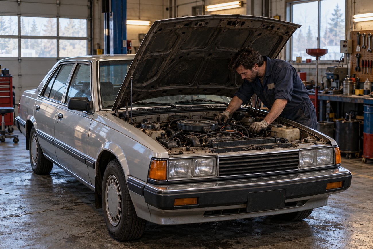 A mechanic in work overalls inspecting the engine bay of a vintage silver Hyundai Stellar sedan inside a garage