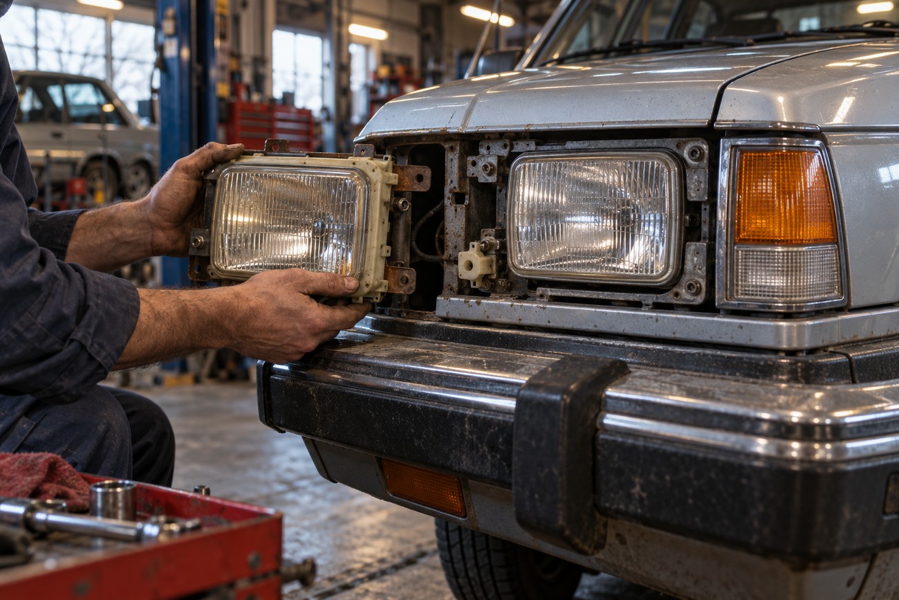 Mechanic installing a headlight assembly into the front grille of a classic silver Hyundai Stellar sedan