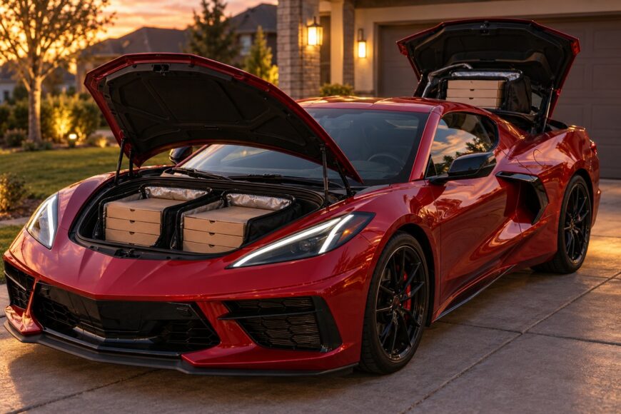 A red sports car parked in a driveway with both its front and rear compartments open to show stacks of pizza boxes