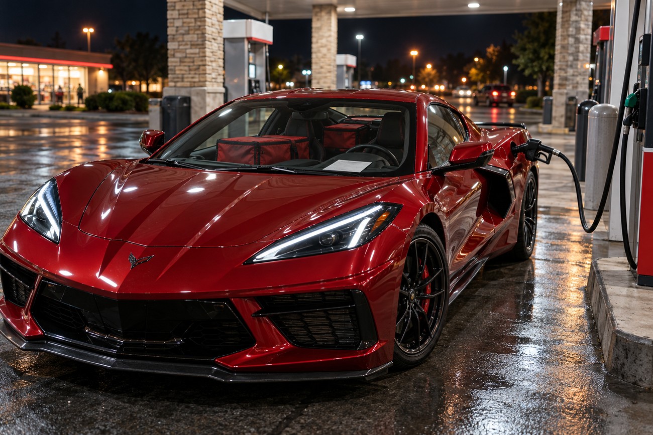 A red Chevrolet Corvette parked at a nighttime gas station with pizza delivery bags inside the interior