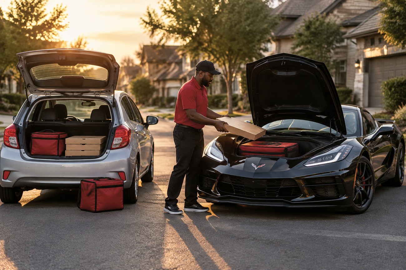 A delivery driver in a red shirt loads pizza boxes into the front trunk of a black Chevrolet Corvette next to a hatchback