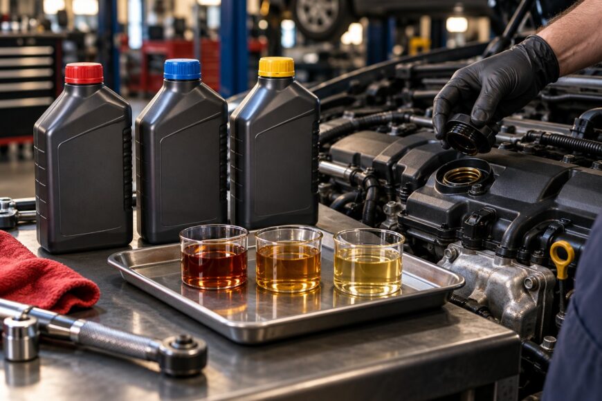 Three black motor oil bottles and glass beakers with oil samples standing on a workbench next to a car engine