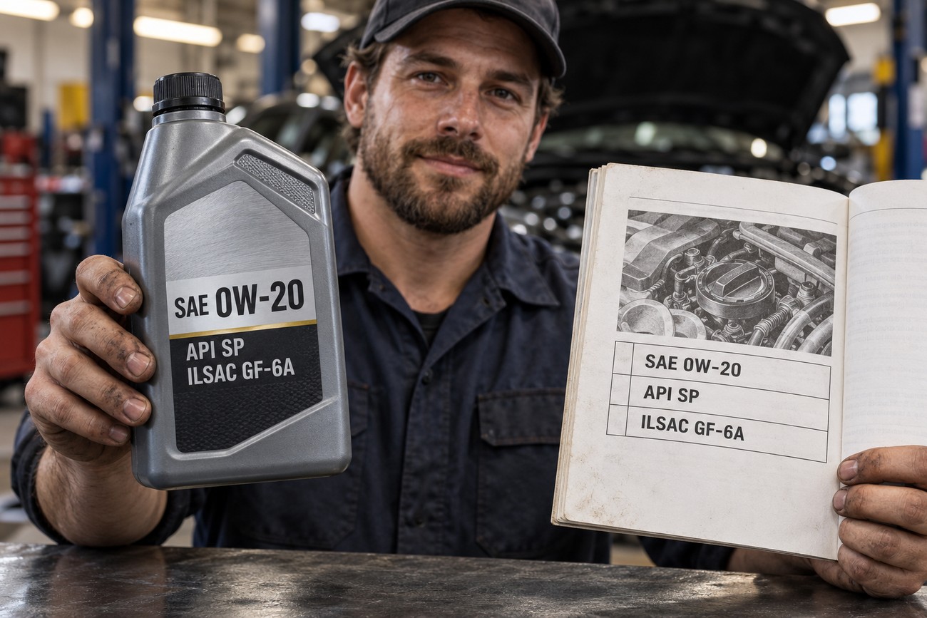 A smiling mechanic in a workshop holding a bottle of synthetic motor oil and an open technical manual