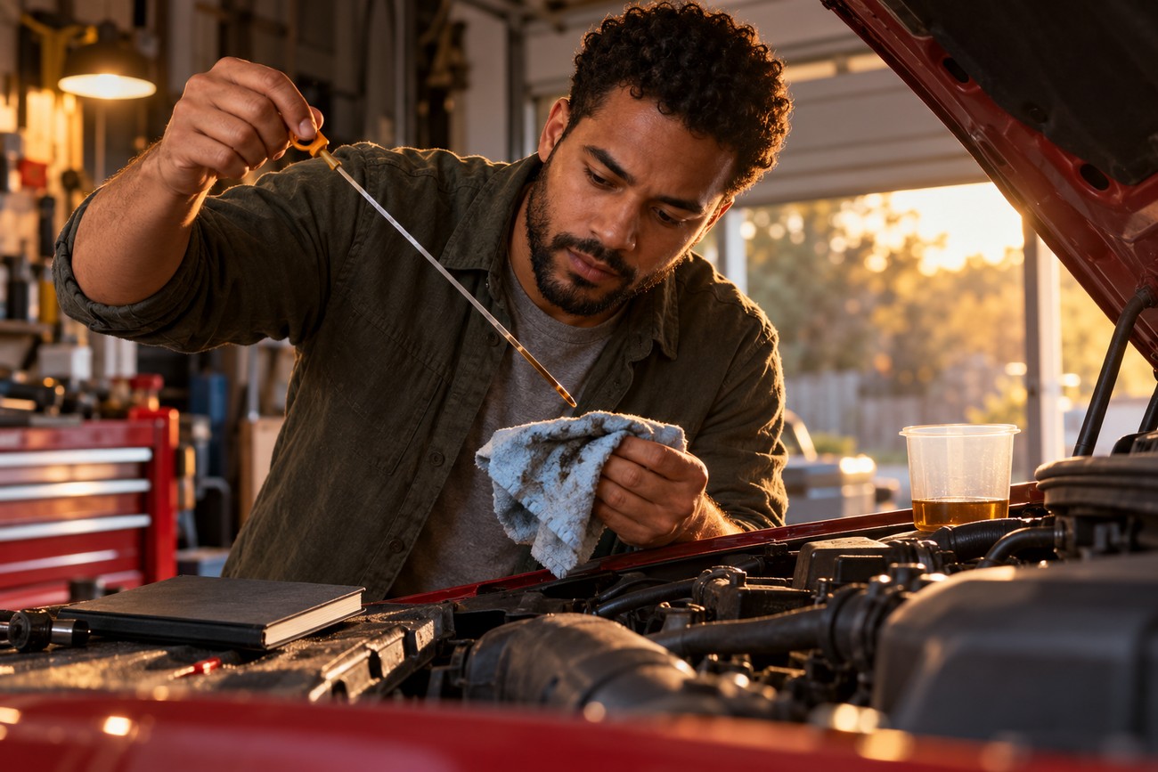 A mechanic wiping a car engine dipstick with a rag while checking the oil level in a garage
