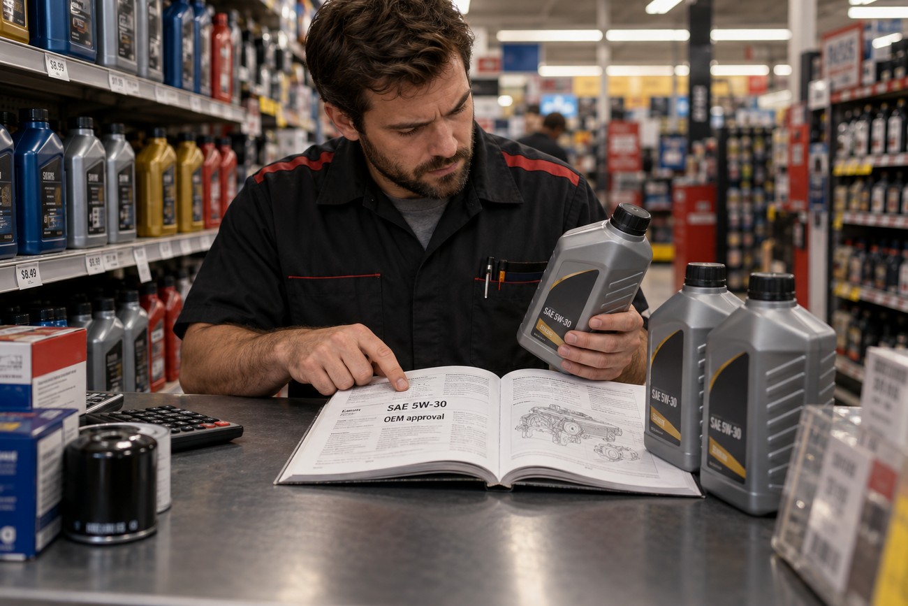 A man in an auto parts store holding a bottle of synthetic motor oil and pointing at an open catalog with specifications