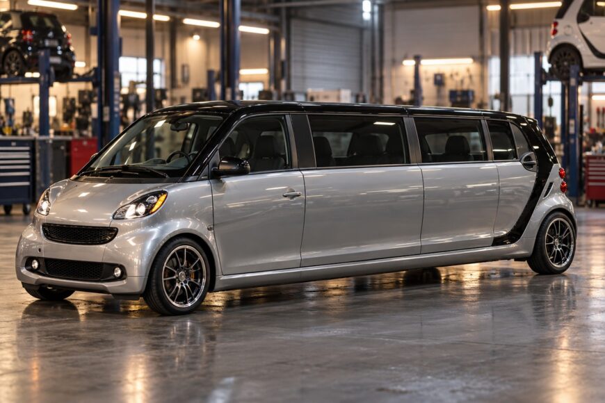A custom silver and black Smart Fortwo stretch limousine parked on the glossy concrete floor of an auto repair workshop