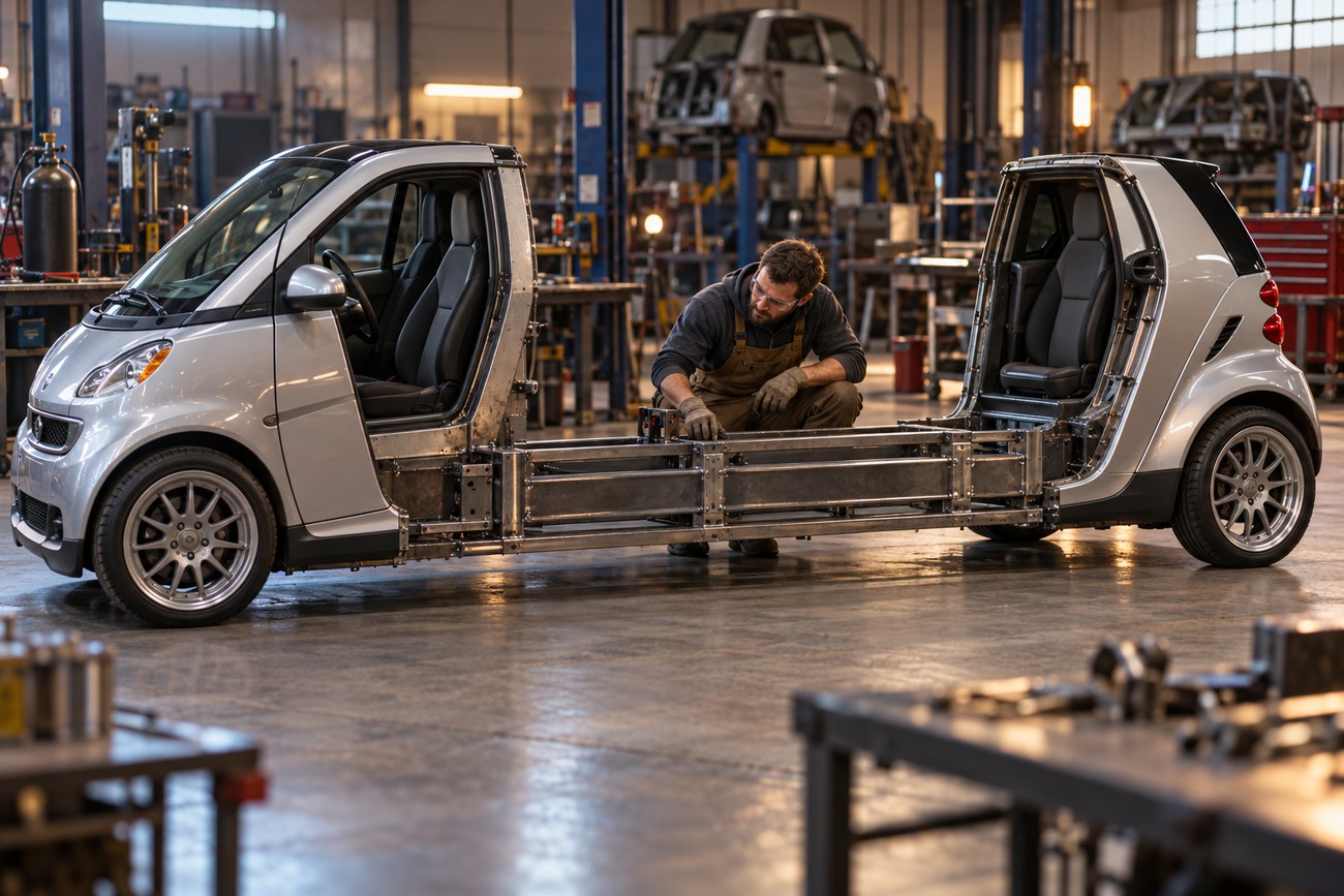 A mechanic working on the extended steel chassis of a silver Smart Fortwo stretch limousine in a workshop