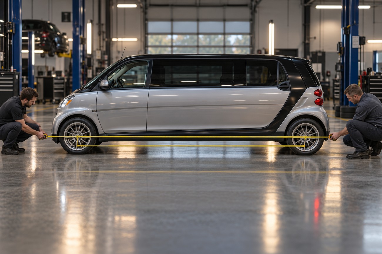 Two mechanics kneeling in a garage and measuring the length of a silver Smart Fortwo stretch limousine with a yellow tape