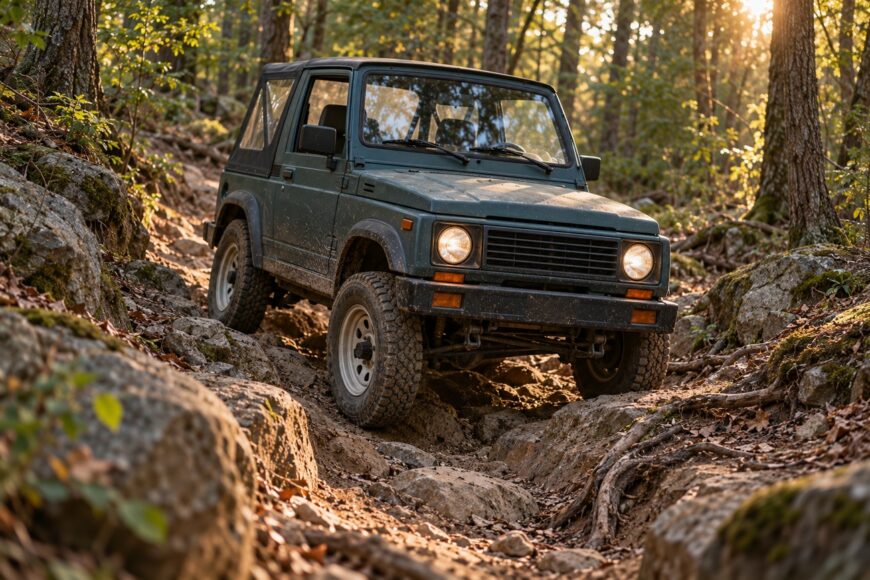 A dark green Suzuki Samurai off-roader driving slowly over large rocks and tree roots on a forest trail