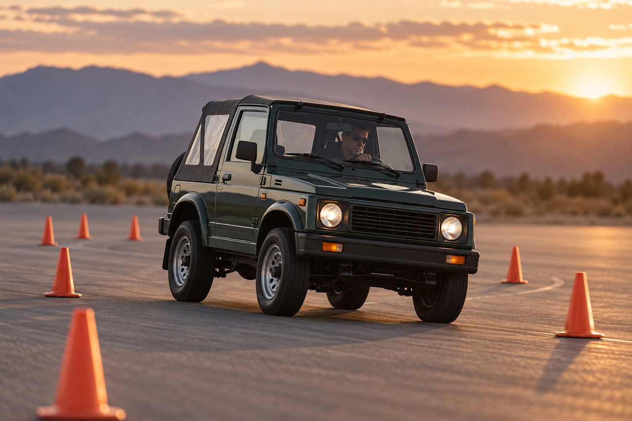 A dark green Suzuki Samurai drives through an asphalt course marked with orange traffic cones at sunset