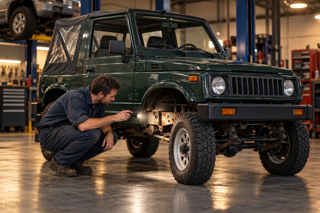 Mechanic crouching down and inspecting the chassis of a green Suzuki Samurai with a flashlight inside a garage