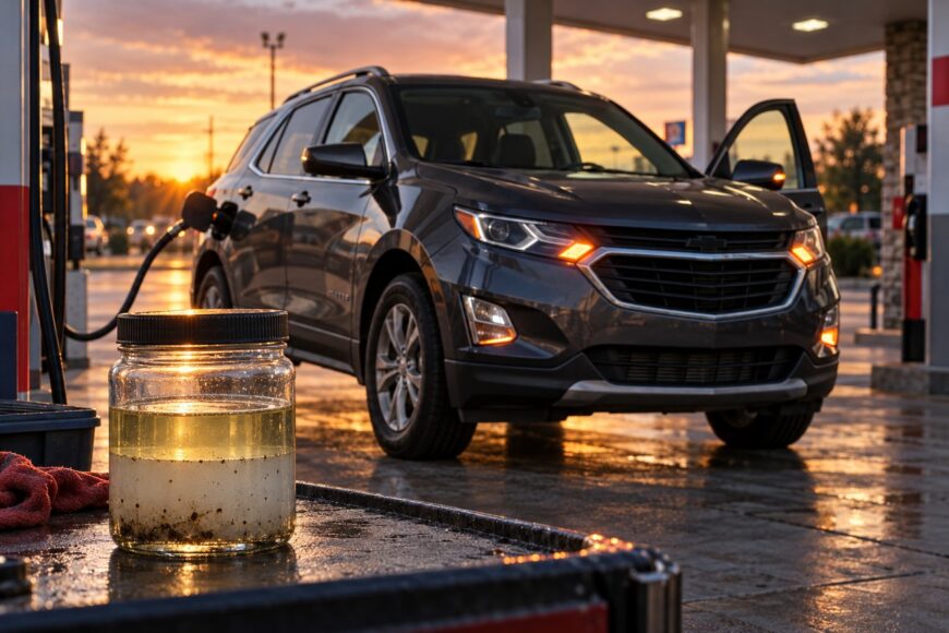 A glass jar filled with contaminated fuel and water sitting on a counter at a gas station with a gray Chevy Equinox parked in the background during sunset