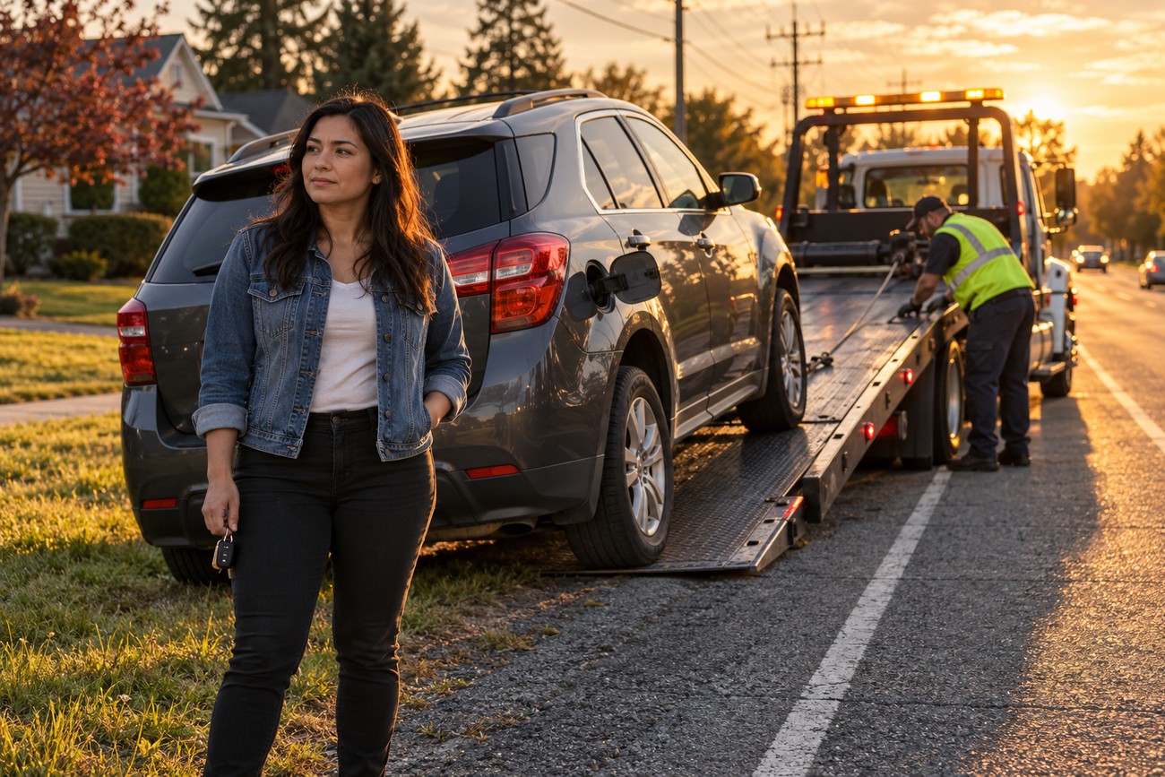 A woman holding car keys stands by her dark Chevy Equinox while a tow truck driver operates the winch on a suburban street