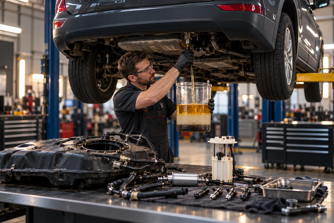 Mechanic wearing safety glasses and gloves draining contaminated fuel and water mixture from a Chevy Equinox gas tank into a transparent container in a repair shop