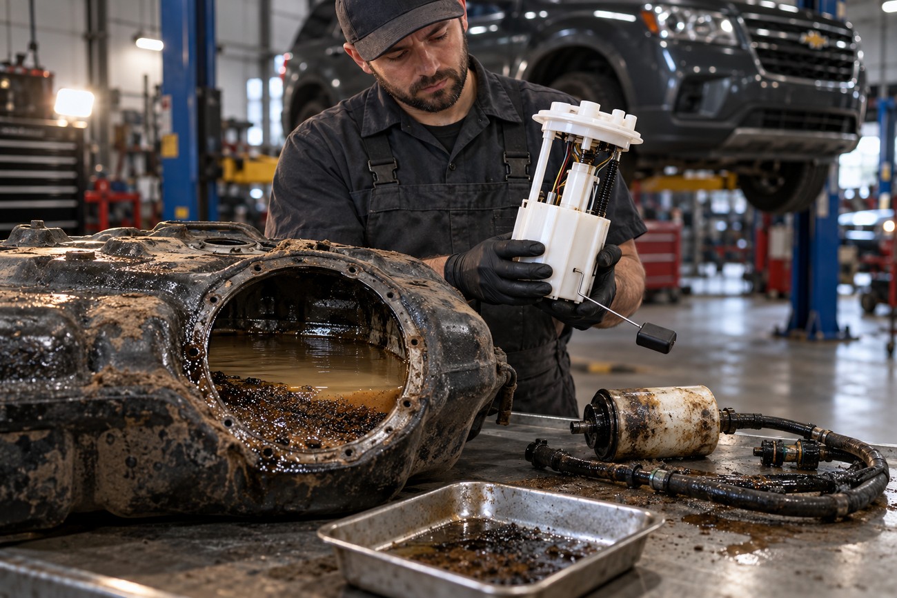 Mechanic in a black uniform holding a fuel pump assembly near a dirty Chevy Equinox fuel tank filled with contaminated water and sediment on a workbench