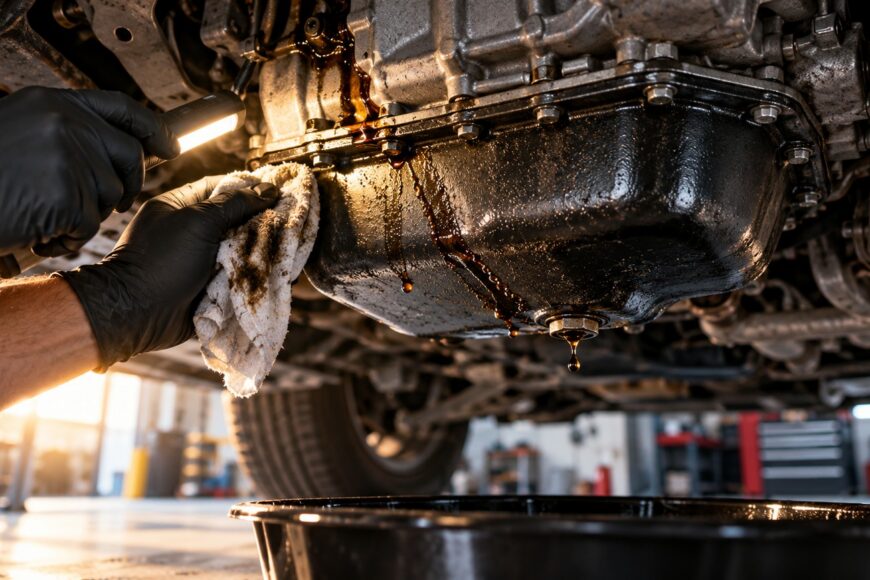 A mechanic wearing gloves inspects an engine oil pan with a leak using a flashlight and a rag