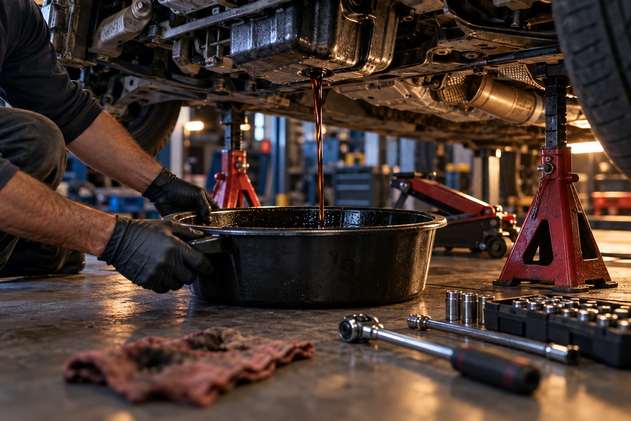 Mechanic in black gloves holding a drain pan while old engine oil flows from the car oil pan