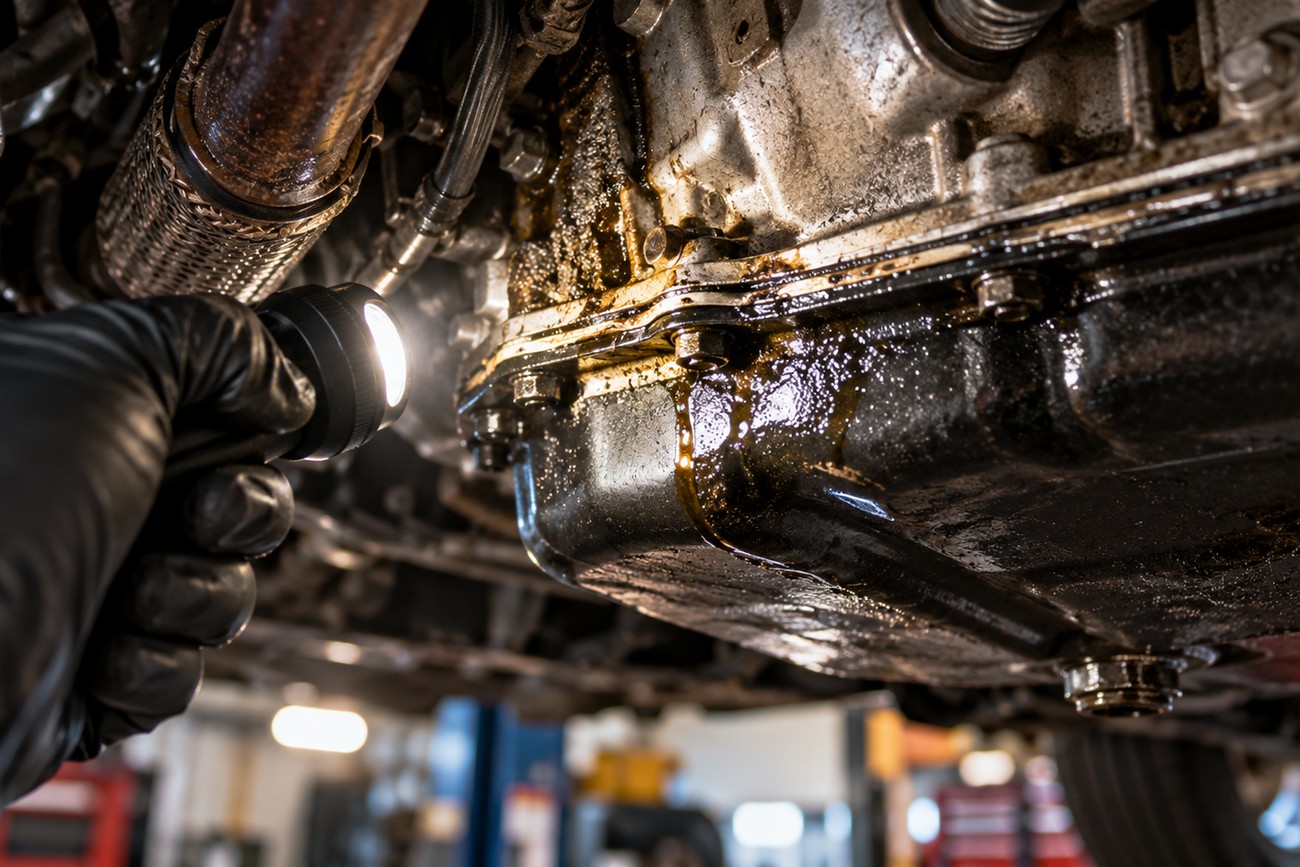 Mechanic in a black glove holding a flashlight to inspect an active oil leak on the engine oil pan