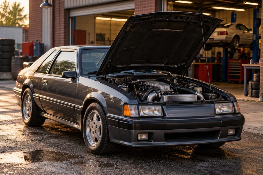 Dark gray Ford Mustang SVO parked outside a brick garage with its hood open revealing the turbocharged engine