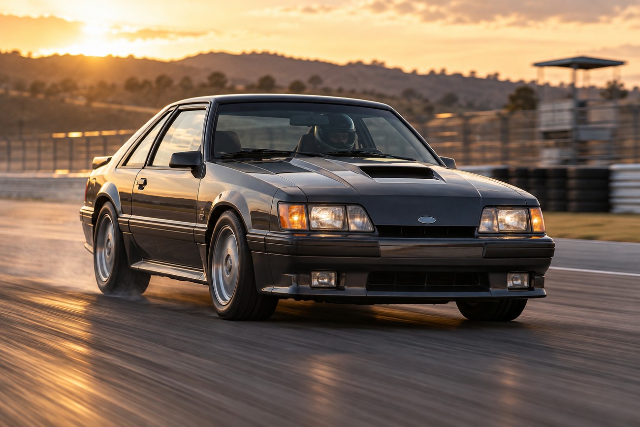Dark Ford Mustang SVO accelerating on an asphalt racetrack with motion blur during a golden sunset
