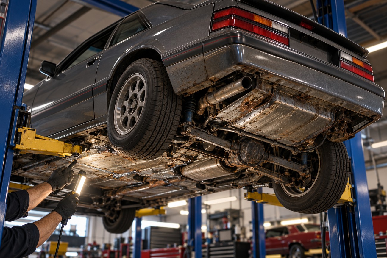 Mechanic holding a work light inspecting the rusty undercarriage of a Ford Mustang SVO on a lift