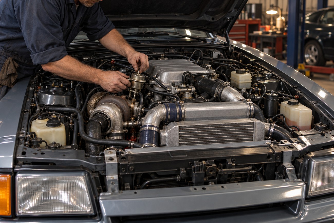 A mechanic working on the turbocharged engine bay of a Ford Mustang SVO in an auto repair shop