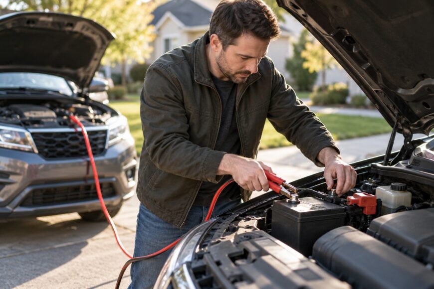 A focused man connecting red jumper cables to a car battery under the open hood of a vehicle