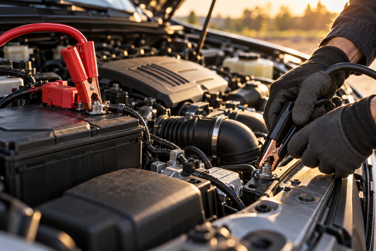 A mechanic wearing work gloves connecting jumper cables to a car battery under the open hood