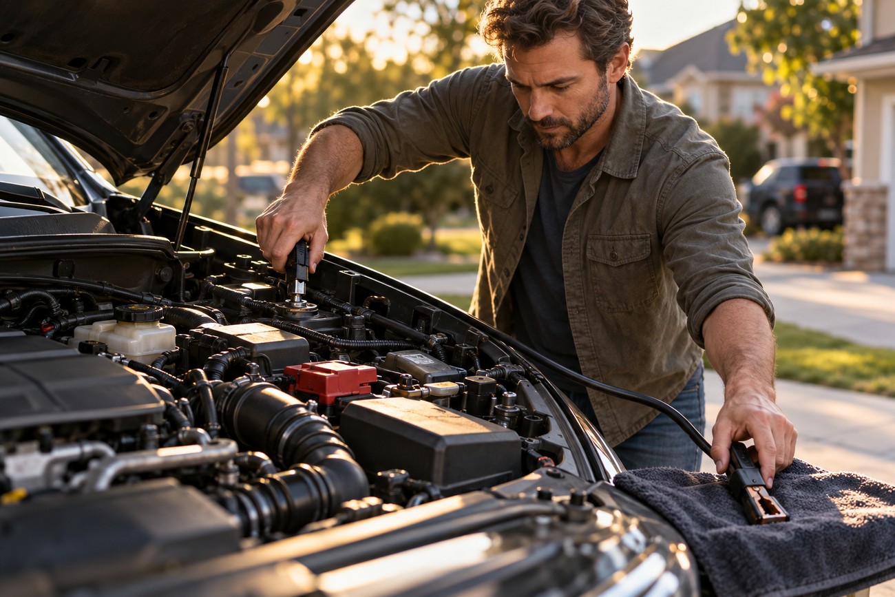 A concentrated man leaning over an open car hood while holding jumper cables to connect to the battery
