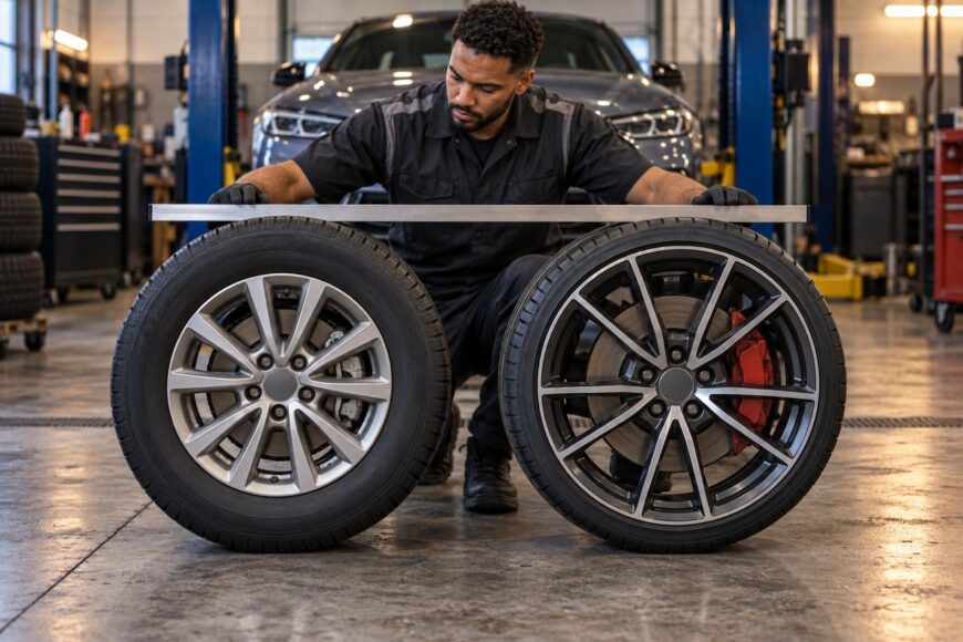 A mechanic in an auto repair shop uses a straight edge to compare two car wheels and tires of different sizes