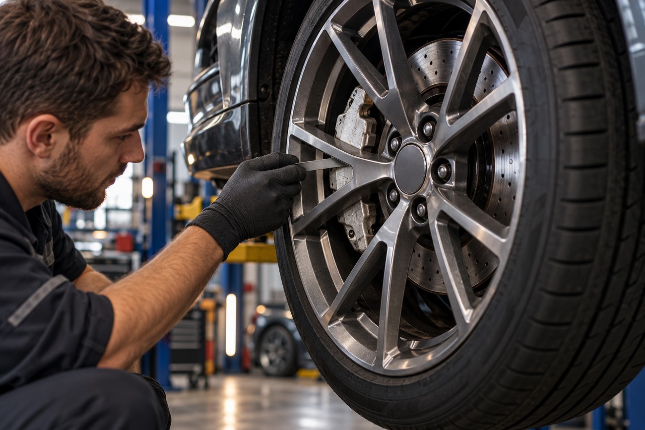 A mechanic wearing gloves examines the spokes of a large alloy wheel on a car in a repair shop