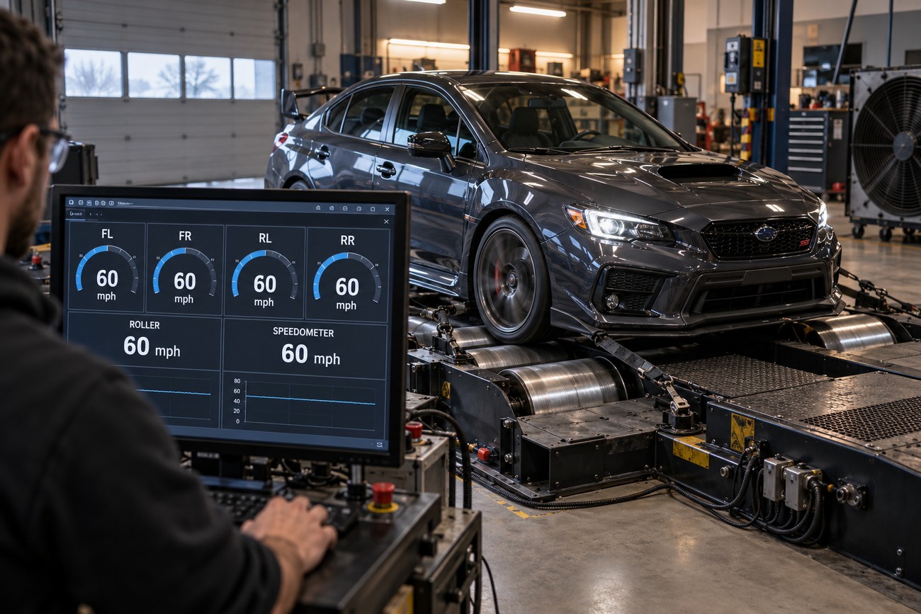 A mechanic checks speedometer data on a computer monitor while a dark car undergoes dyno testing in a workshop