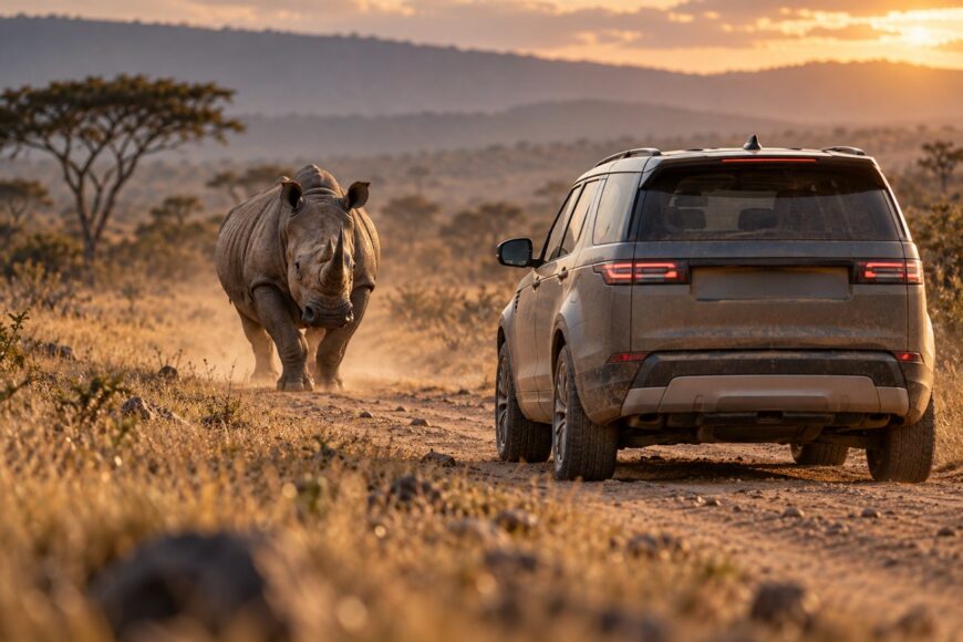 An aggressive rhinoceros charging toward a Land Rover Discovery on a dusty safari track at sunset