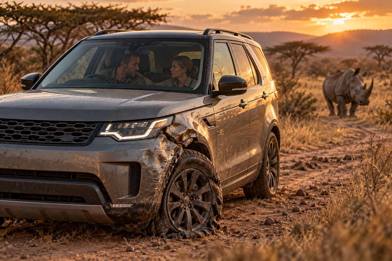 A rhinoceros approaching a damaged Land Rover Discovery with a flat tire on a savanna safari at sunset