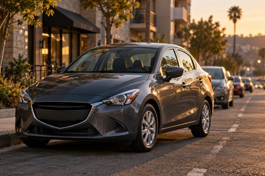 A dark grey Scion iA sedan parked parallel along a city street during golden hour