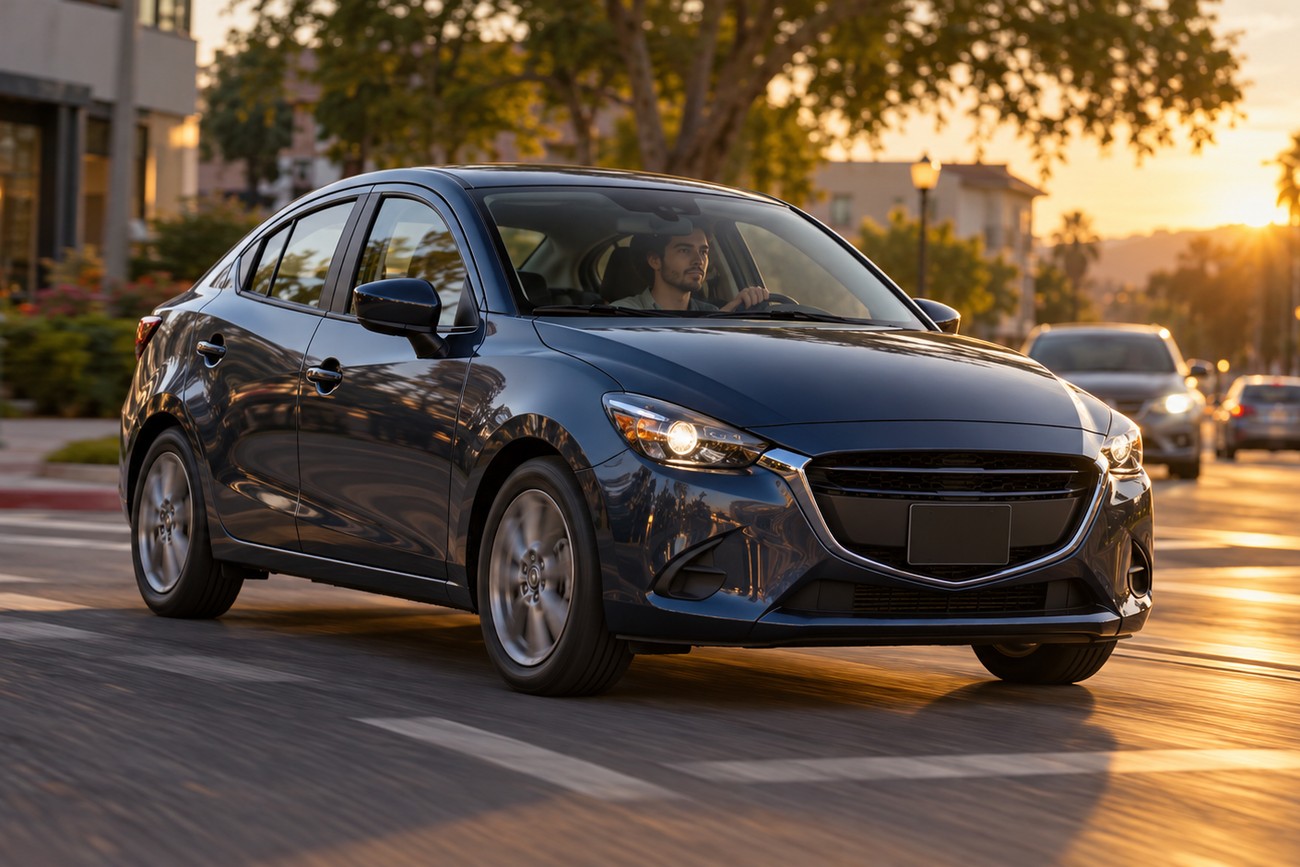 A dark blue Scion iA sedan being driven by a man on a city street during sunset