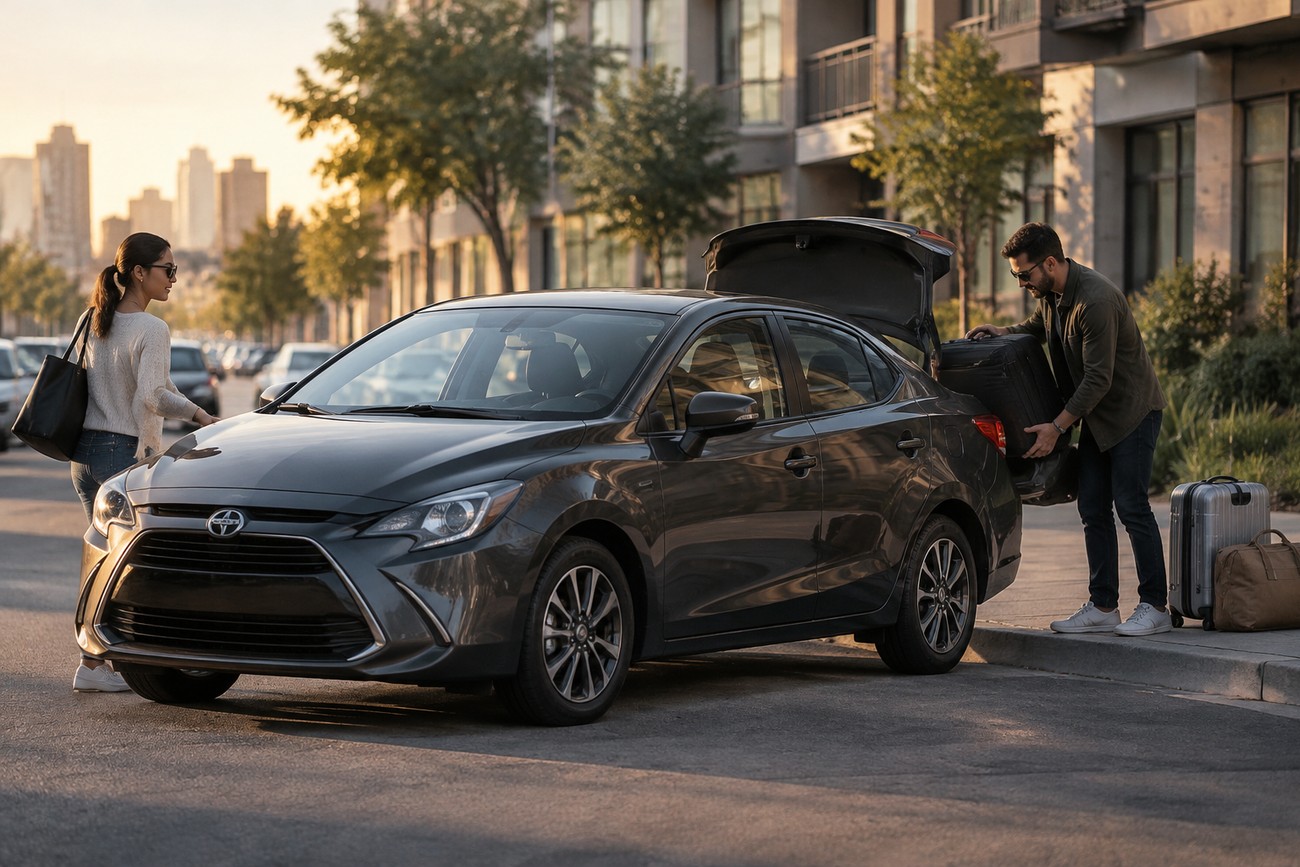 A man loading luggage into the trunk of a dark gray Scion iA sedan while a woman stands nearby on a city street