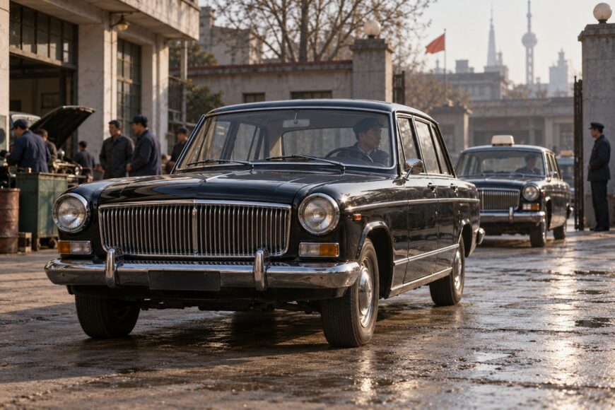 A black Shanghai SH760 sedan stands parked on a paved yard with people and historic buildings in the background