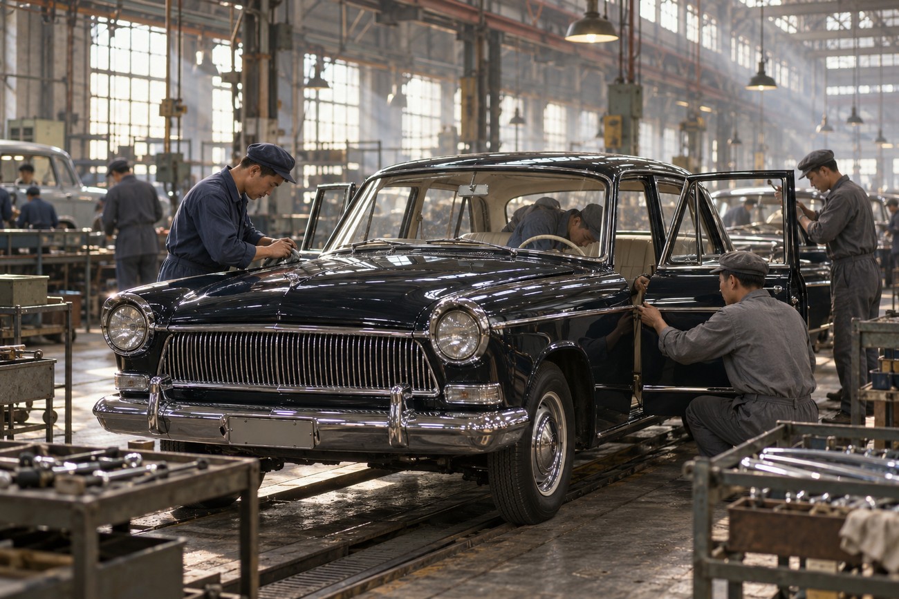 Workers in workwear assembling a black classic Shanghai SH760 sedan inside a large retro factory