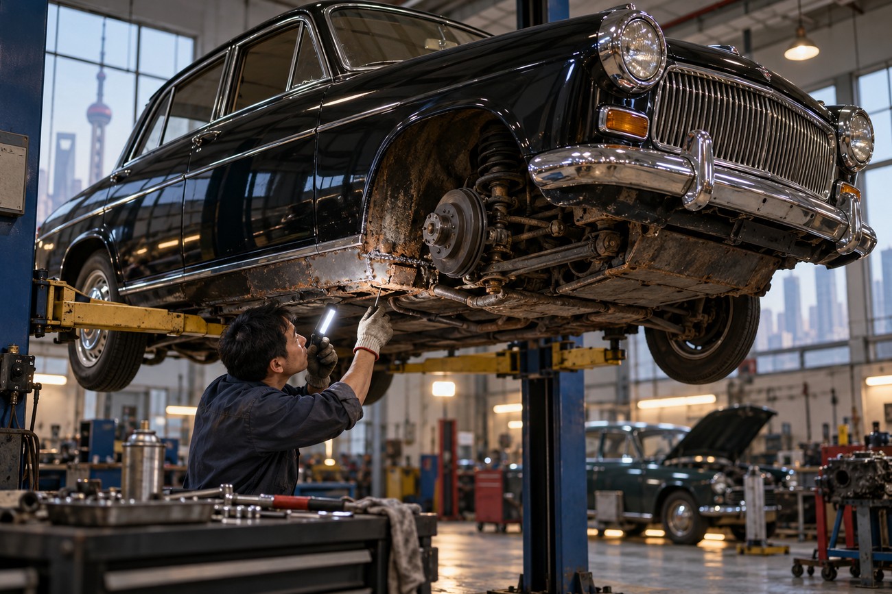 A mechanic with a flashlight inspects the rusted undercarriage of a classic black Shanghai SH760 sedan lifted on a hydraulic hoist inside a repair shop