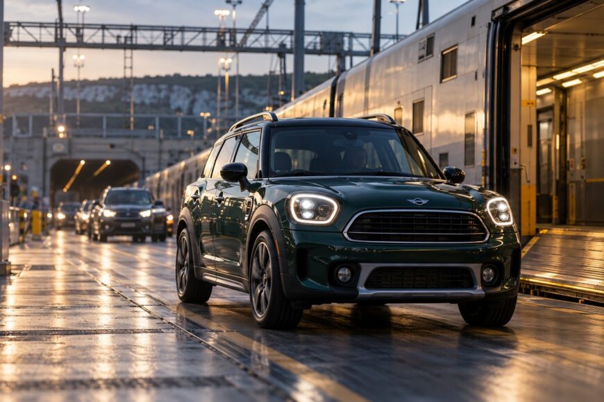Green MINI Countryman driving onto the Channel Tunnel train carriage at the terminal