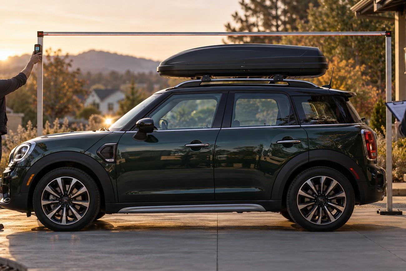 A green Mini Countryman with a black roof box parked outdoors while staff measure its height with a laser tool prior to Channel Tunnel travel