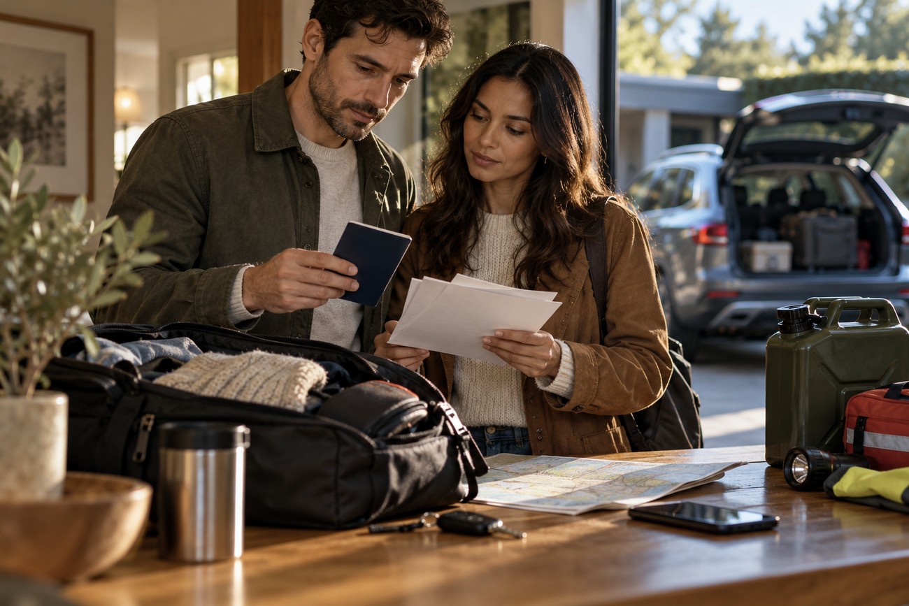 A man holding a passport and a woman holding travel documents while packing a black travel bag on a wooden table with their car parked outside