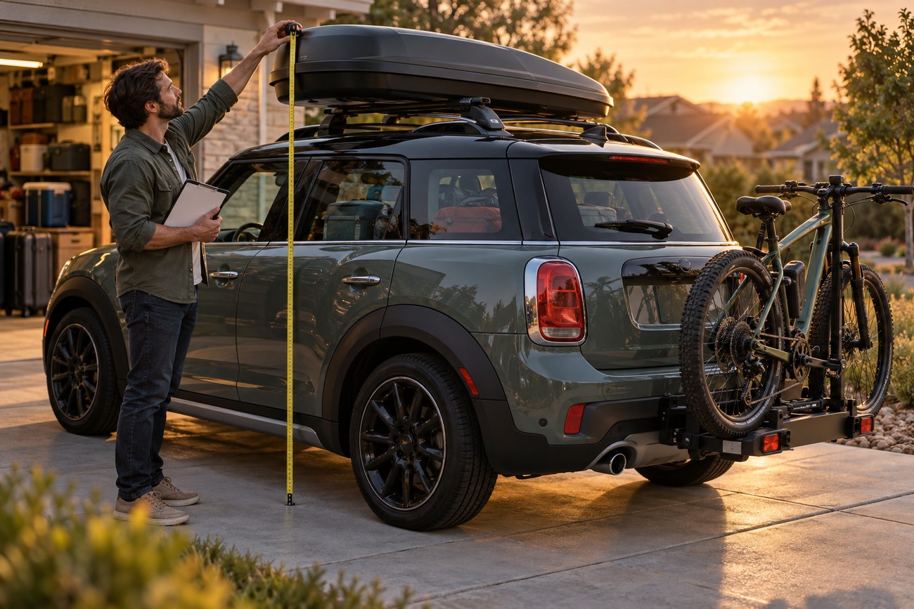 A man holding a clipboard measures the total height of a packed Mini Countryman with a roof box and bicycles attached to the back outside a garage
