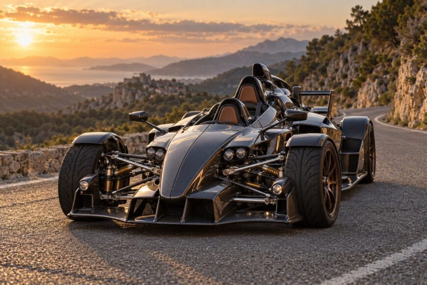 Black Tramontana R open-wheel sports car parked on a scenic winding mountain road at sunset