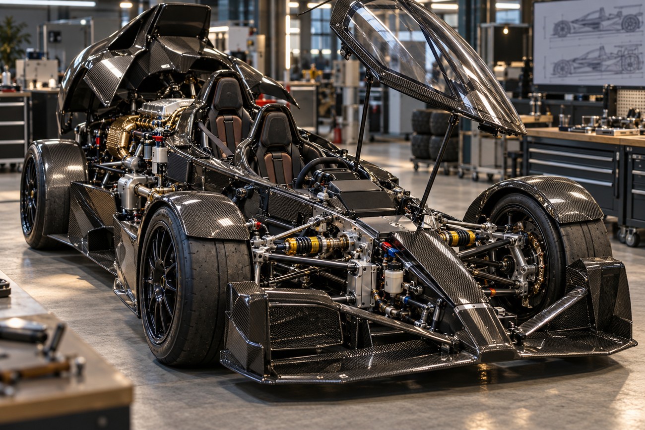 The Tramontana R open-wheel sports car with carbon fiber chassis and open canopy parked in a bright workshop