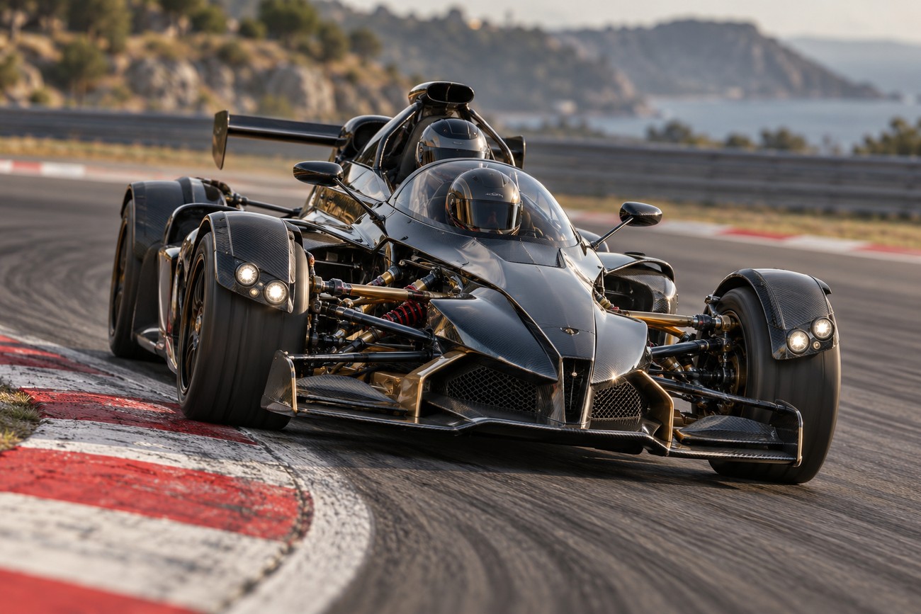 Black Tramontana R open-wheel sports car speeding along a coastal race track corner with visible carbon fiber bodywork