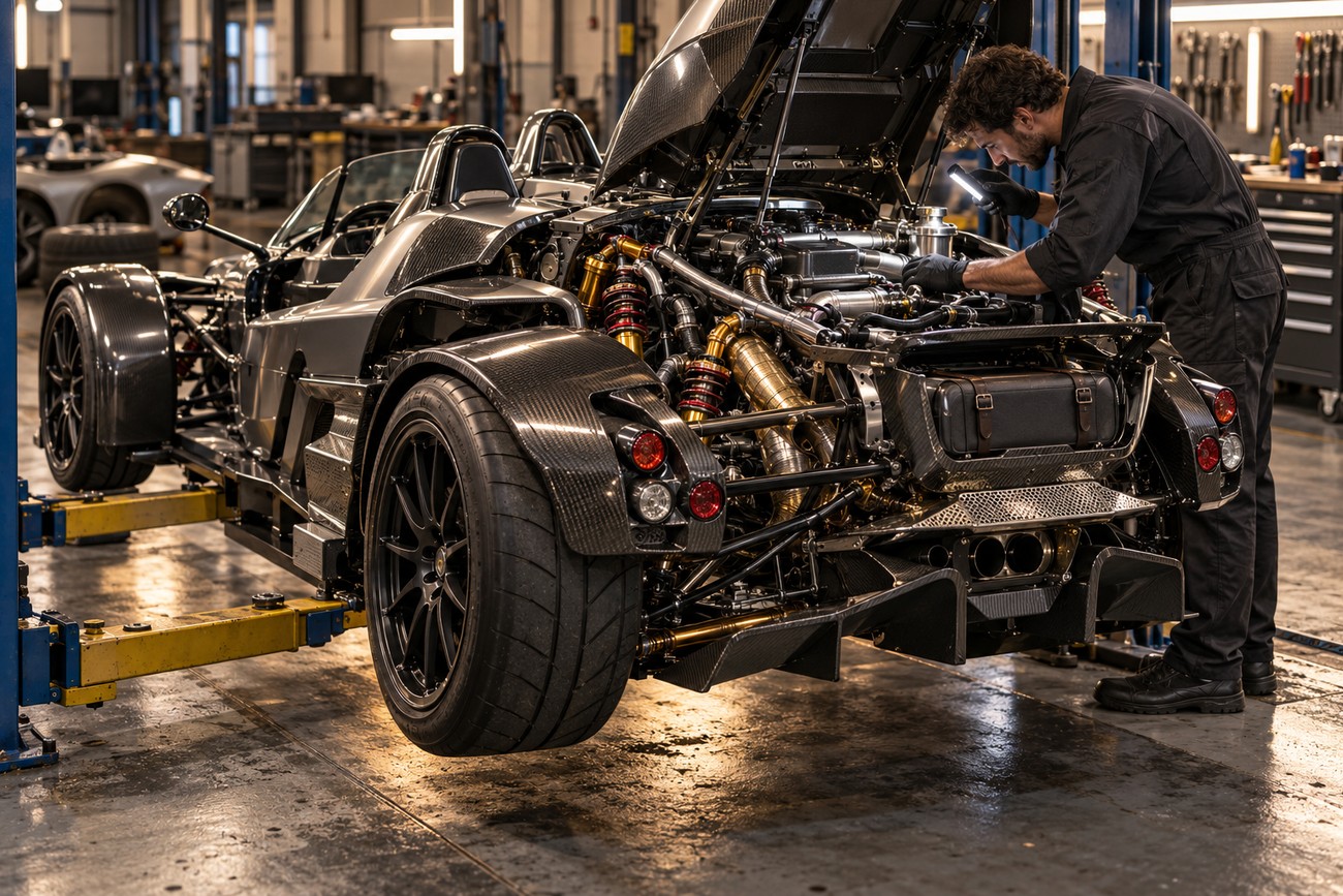 A mechanic in black overalls inspecting the complex open-wheel engine bay of a Tramontana R sports car raised on a hydraulic lift inside a garage