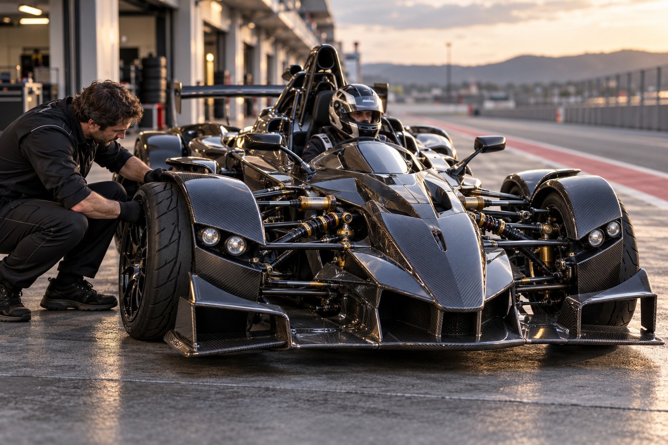 Mechanic checks the front wheel of a black carbon-fiber Tramontana R open-wheel car with a driver in the cockpit at a racetrack pit lane